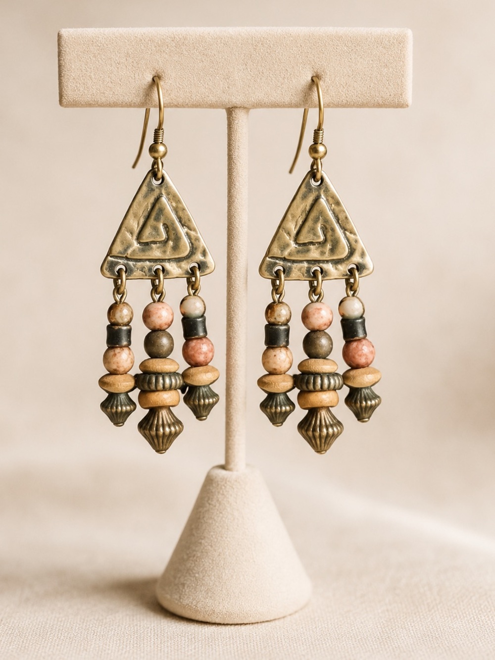 Vintage Boho Tribal Beaded Dangle Earrings Silver Tone Geometric Festival